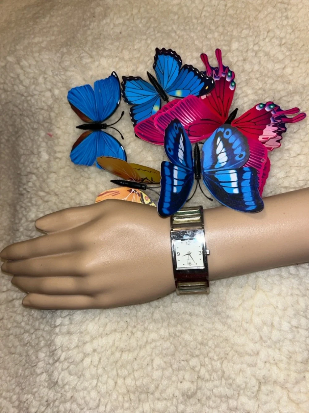 Silver Tone Women's Square Dial Watch with Blue Butterfly Accent